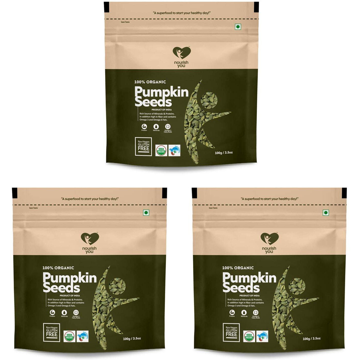 Nourish You Organic Pumpkin Seeds 100 gm (Each) | Raw Pumpkin Seeds Protein and Fiber Rich Superfood | Healthy Snack Immunity Booster (Pack of 3)