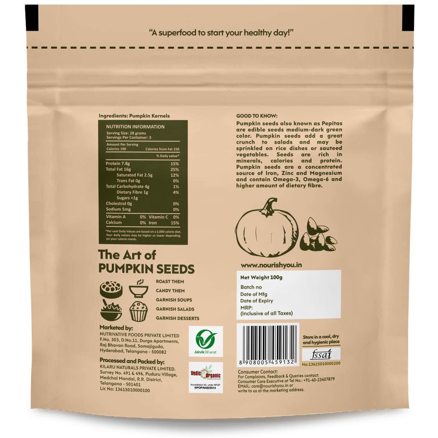 Nourish You Organic Pumpkin Seeds 100 gm (Each) | Raw Pumpkin Seeds Protein and Fiber Rich Superfood | Healthy Snack Immunity Booster (Pack of 3)