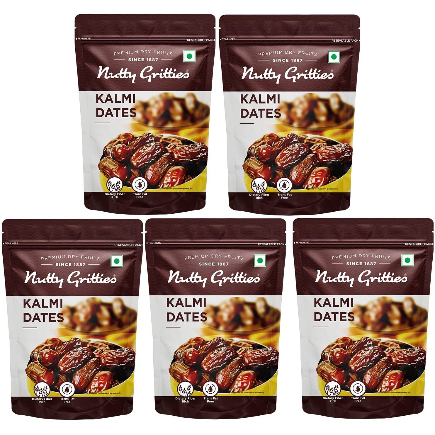 Nutty Gritties Premium Kalmi Dates -1.75 Kg | Juicy & Delicious Khajoor, Khajur | No Artificial Colours | Naturally Sweet | Instant Energy | Resealable Pouch (Pack of 5,350g Each),