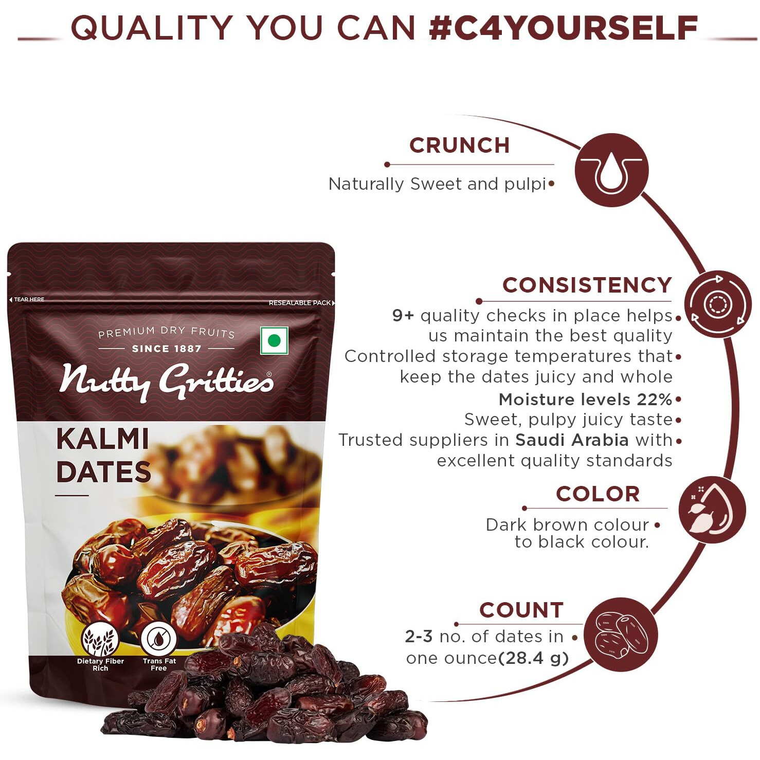 Nutty Gritties Premium Kalmi Dates -1.75 Kg | Juicy & Delicious Khajoor, Khajur | No Artificial Colours | Naturally Sweet | Instant Energy | Resealable Pouch (Pack of 5,350g Each),