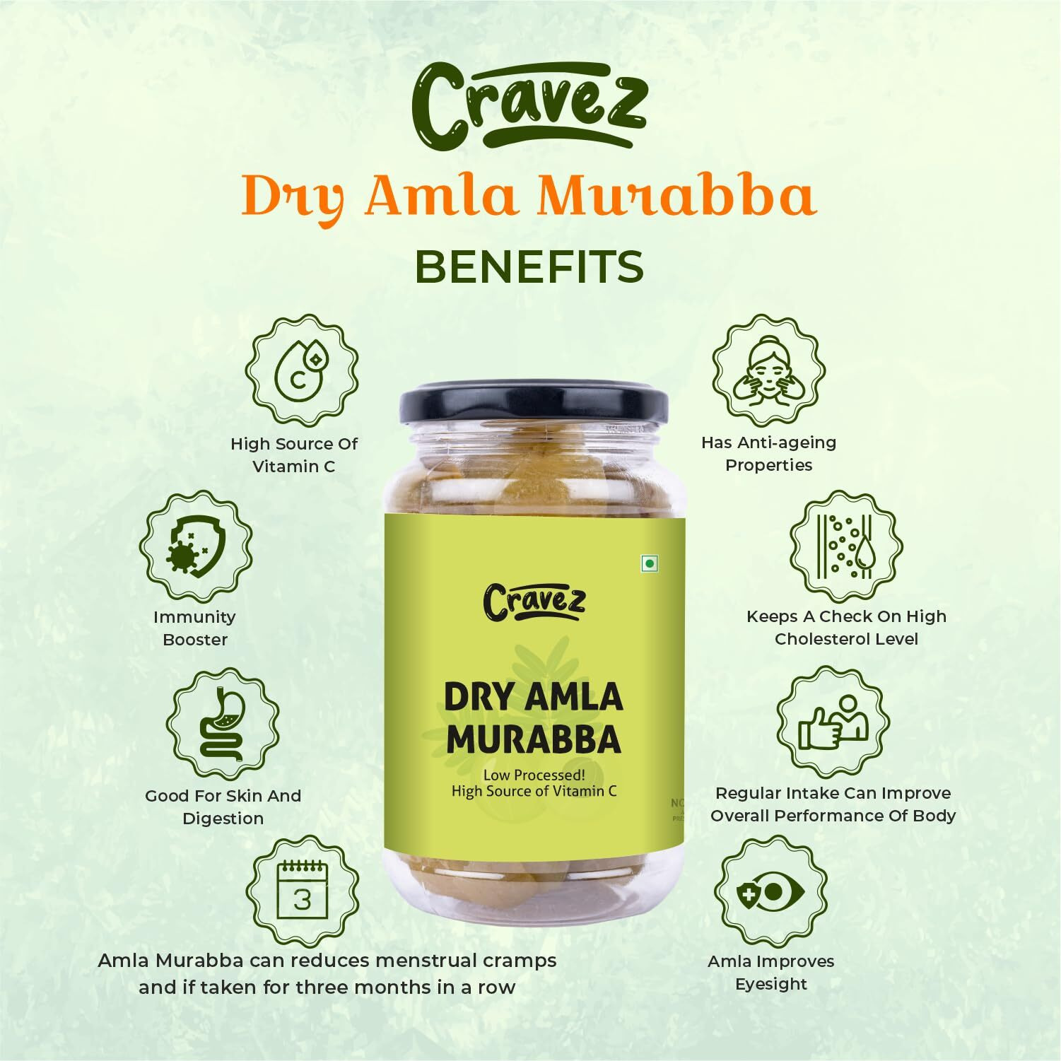 cravez Dry Amla Murabba-600Gm|Export Quality Amla|Low Processed Amla Candy Murabba ,Great For Weight Loss & Immunity Booster|100% Natural|No Artificial Colour Used (Amla)|Packed In Reusable Jar