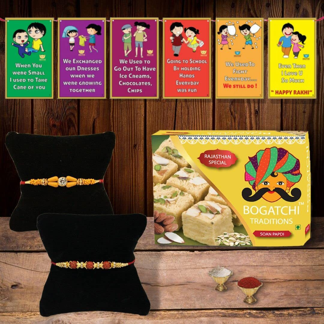 BOGATCHI Rakhi Sweets for Brother, Traditional Soan Papdi, 250gm with Rakhi + Roli Chawal + Free Rakhi Card