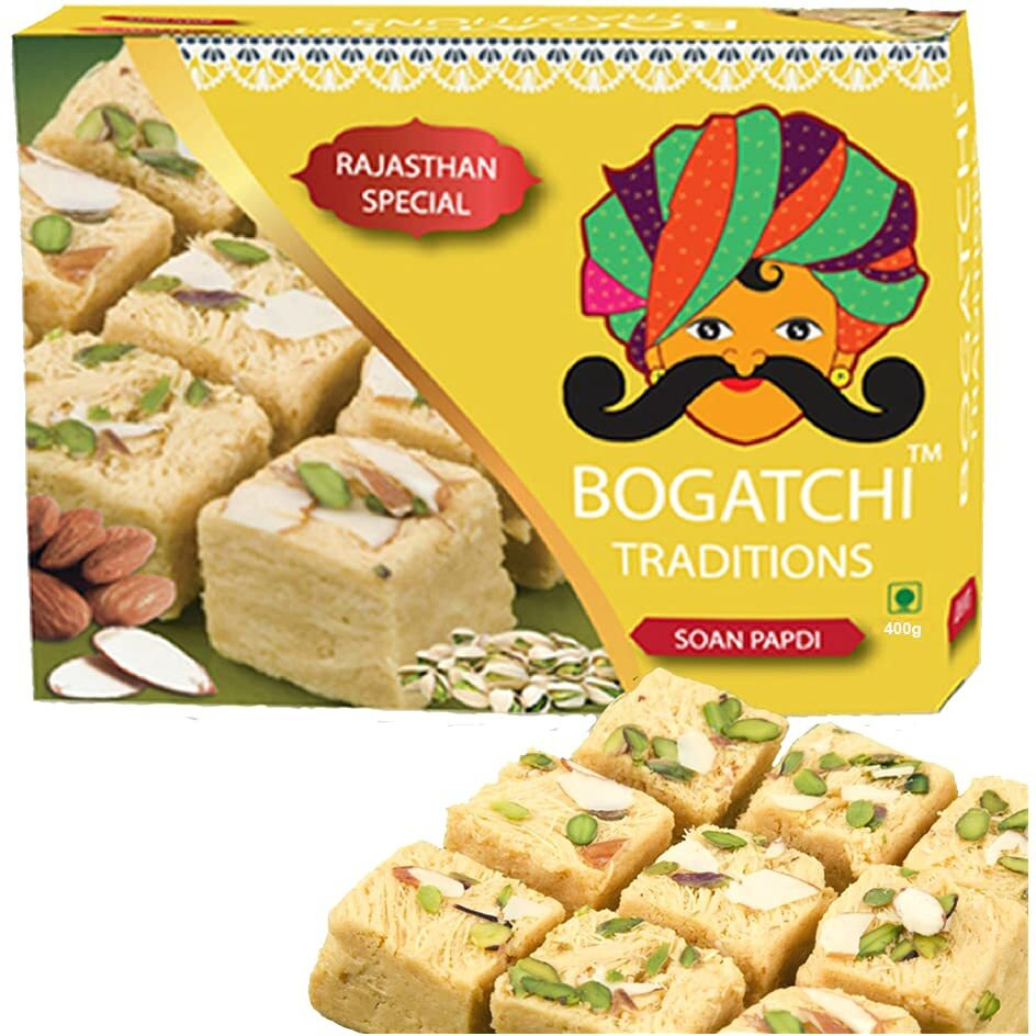BOGATCHI Rakhi Sweets for Brother, Traditional Soan Papdi, 250gm with Rakhi + Roli Chawal + Free Rakhi Card