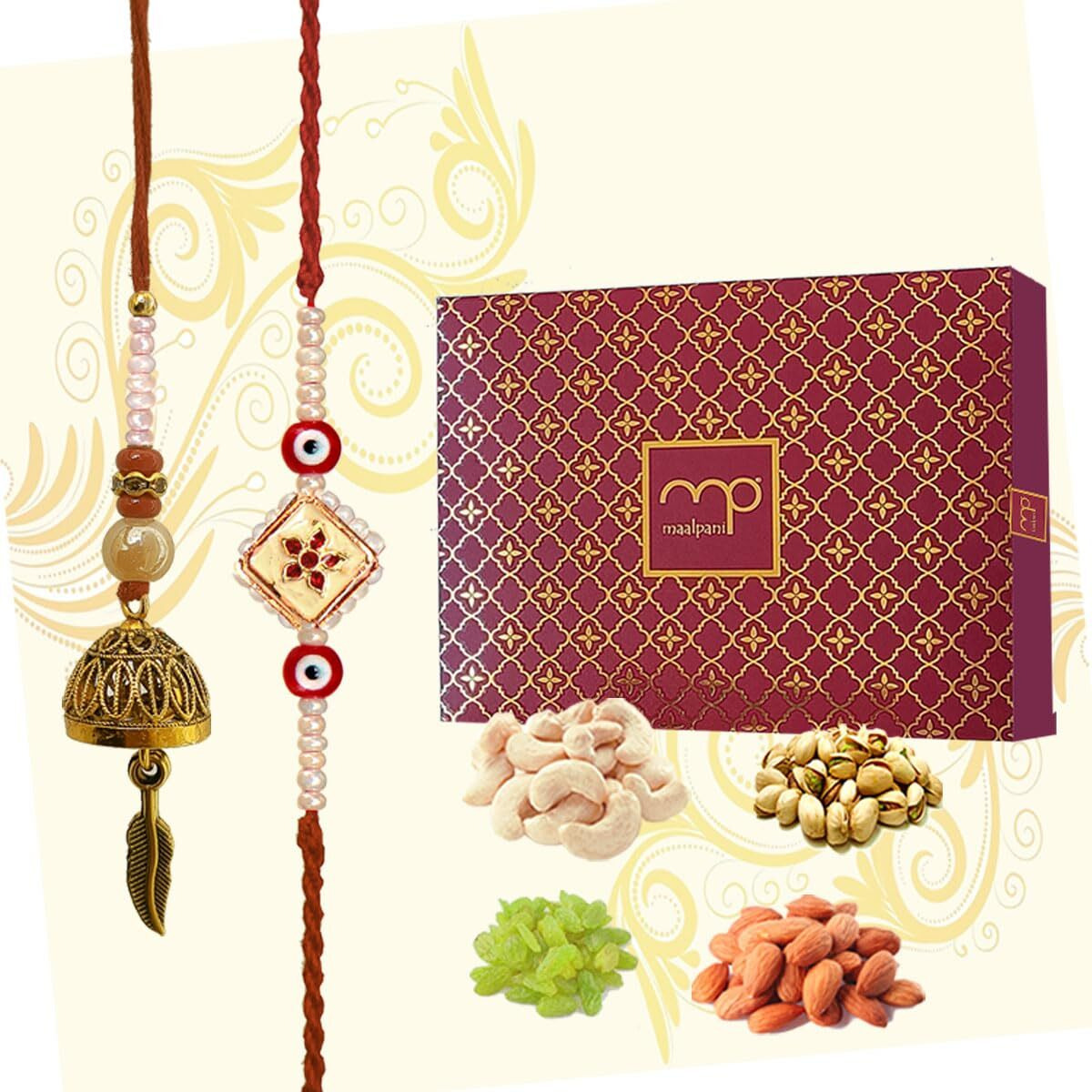 Maalpani Bhaiya Bhabhi Rakhi Set With Dry Fruits For Rakshabandhan Gift Hamper | Almond - Cashew - Raisin - Pista Dry Fruits & Rakhi For Brother & Lumba Rakhi| Mix Dry Fruit Rakhi Combo Box |52BBRWD
