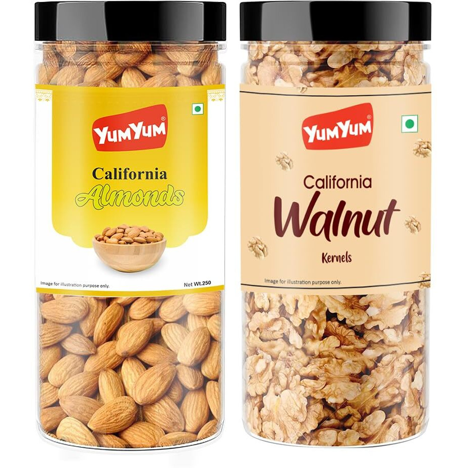 Yum Yum Dry Fruits 500 Gm Combo Pack - Badam 250 Gm, Akhrot Giri 250 Gm Jar Each - Almonds, Walnuts