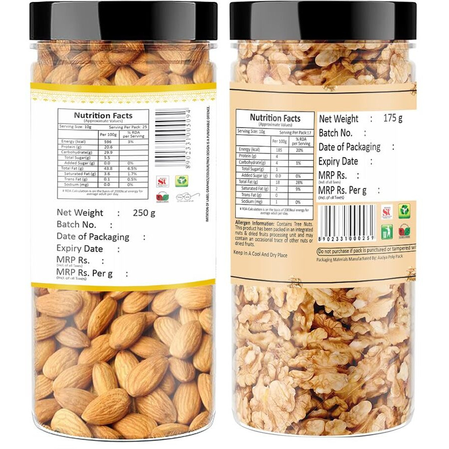 Yum Yum Dry Fruits 500 Gm Combo Pack - Badam 250 Gm, Akhrot Giri 250 Gm Jar Each - Almonds, Walnuts