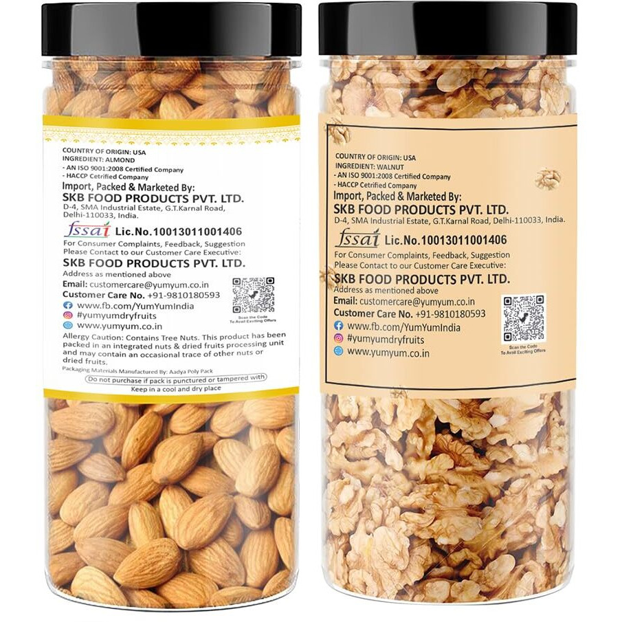 Yum Yum Dry Fruits 500 Gm Combo Pack - Badam 250 Gm, Akhrot Giri 250 Gm Jar Each - Almonds, Walnuts