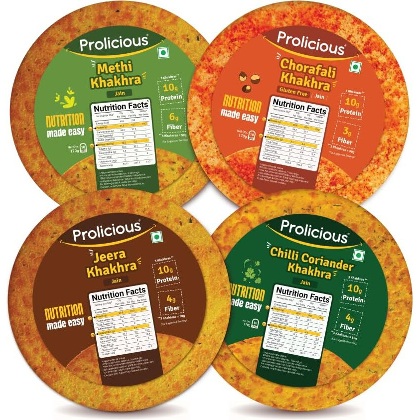 Prolicious Jain Khakhra Combo | Plant Based High Protein Healthy Anytime Snack | No Palm Oil (Pack of 4, 170Grams Each)