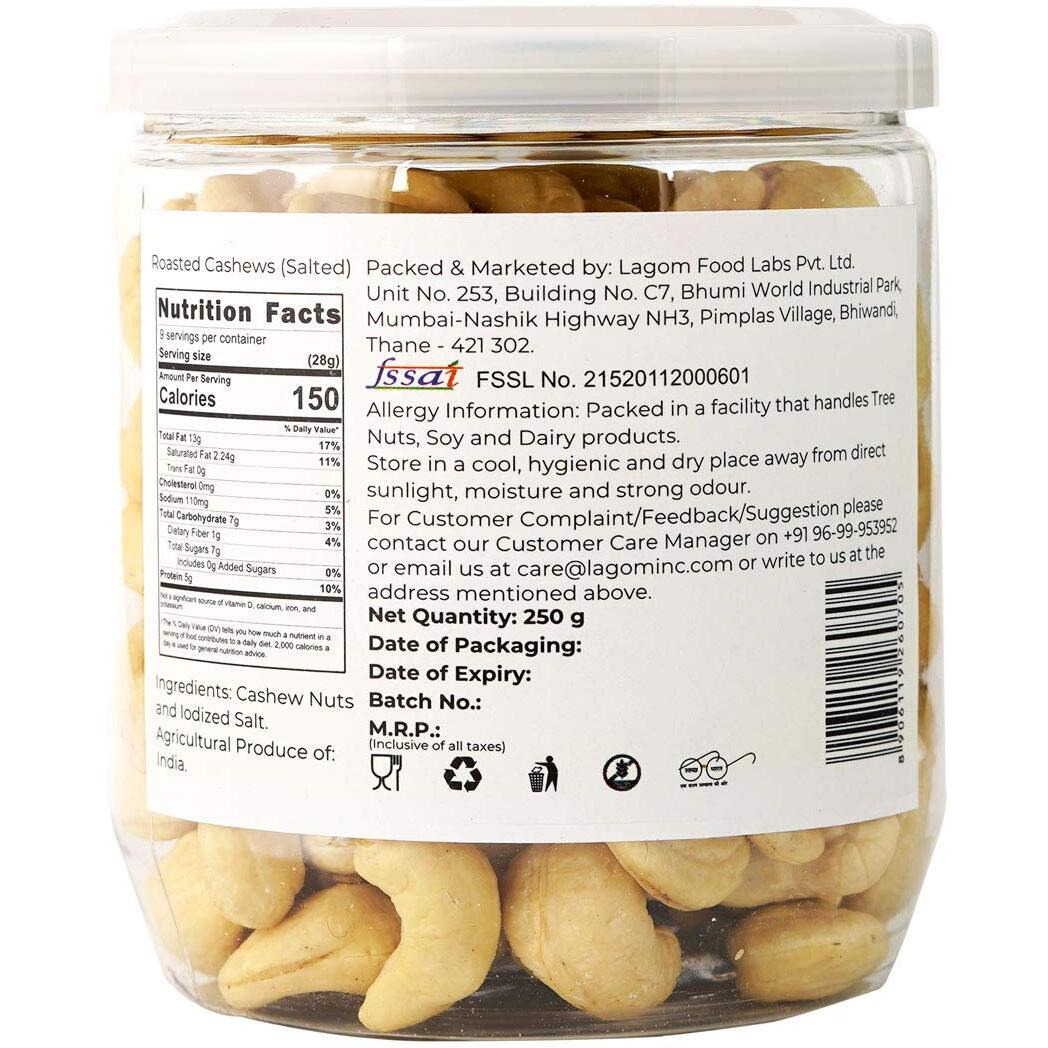 Lagom Gourmet Roasted Cashews 250G|Lightly Salted|Dry Roasted|No Oil Used|Roasted To Perfection|No Preservatives|No Artificial Flavors|Gluten Free|Vegan|Non Gmo|Nuts Dry Fruits|Salted Cashew|Kaju