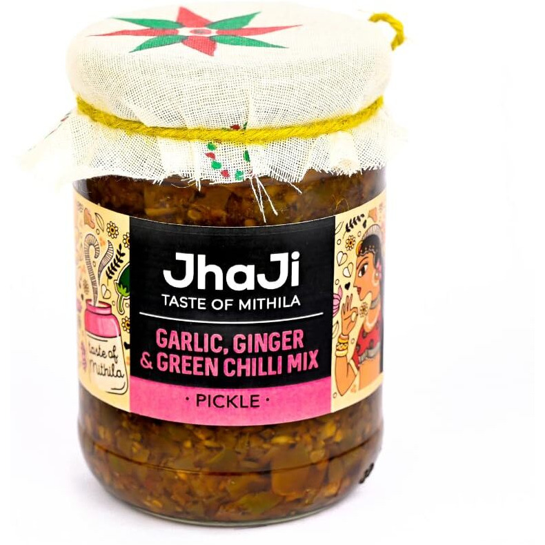 JhaJi - Taste of Mithila Garlic,Ginger,Chilli Mix Pickle|Lahsun Adrak Mirch Ka Achar|Medium Spicy,Salty,Chatpata Aftertaste|No Artificial Preservatives & Colors|Bihari-Style Homemade Pickle,250G/500G