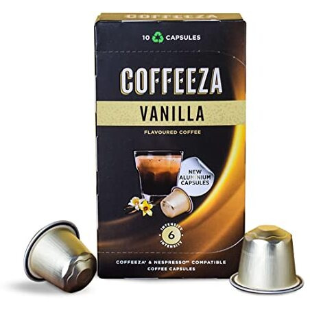 COFFEEZA Vanilla Flavoured Coffee Capsules, Intensity - 6|Aluminium Coffee Pods|100% Arabica Coffee|Box Of 1 (10 Capsules) - 0.08 Kg