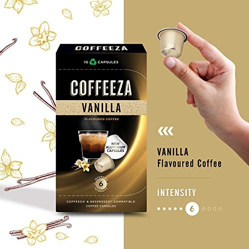 COFFEEZA Vanilla Flavoured Coffee Capsules, Intensity - 6|Aluminium Coffee Pods|100% Arabica Coffee|Box Of 1 (10 Capsules) - 0.08 Kg