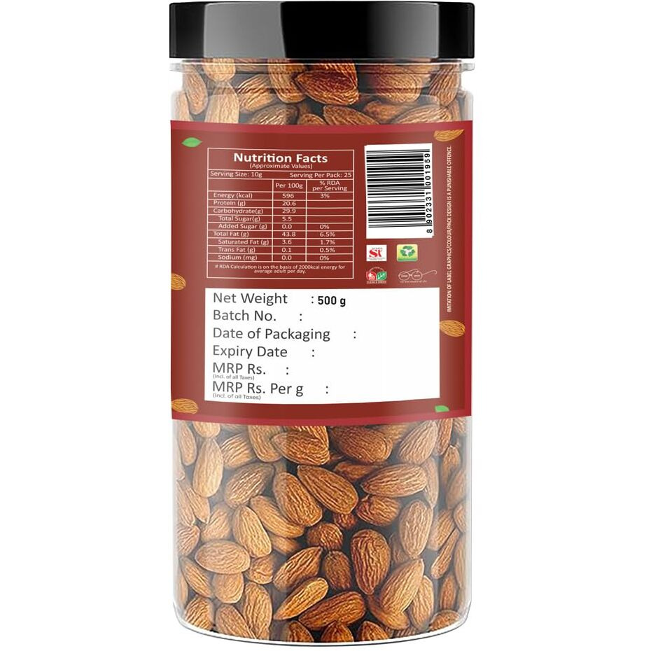 Raghbat 100% Natural and Premium California Almond 500 g | Quality Badam Giri | - Almonds - Rich in Protein | Real Nuts | Whole Natural Badam Dry Fruits