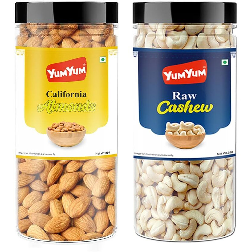 YUM YUM Premium Dry Fruits Combo Pack of 2 | California Almonds 250g, Whole Raw W320 Cashews Nut 250g, | Total 500 g | Healthy Dry Fruits Snacks | Kaju, Badam, Combo