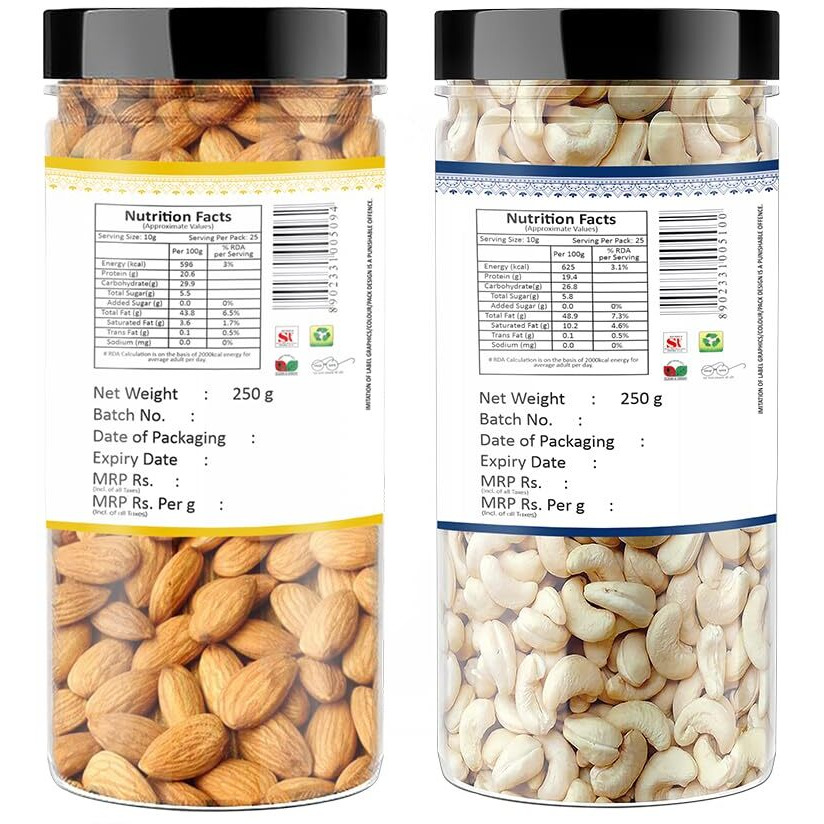 YUM YUM Premium Dry Fruits Combo Pack of 2 | California Almonds 250g, Whole Raw W320 Cashews Nut 250g, | Total 500 g | Healthy Dry Fruits Snacks | Kaju, Badam, Combo