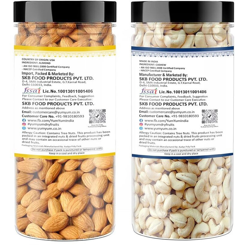 YUM YUM Premium Dry Fruits Combo Pack of 2 | California Almonds 250g, Whole Raw W320 Cashews Nut 250g, | Total 500 g | Healthy Dry Fruits Snacks | Kaju, Badam, Combo