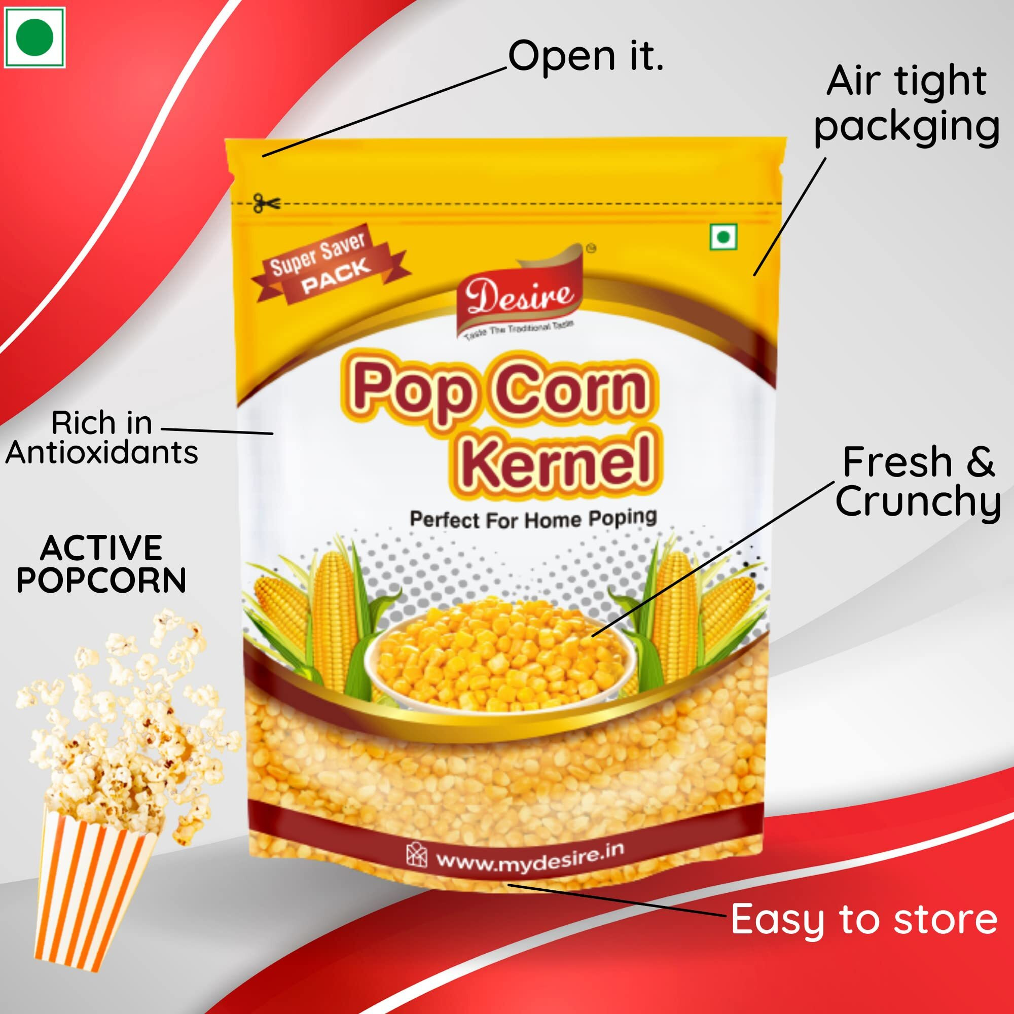 Desire Popcorn Kernel Seeds 2 Kg | Big Size Gourmet Pop Corn Kernels Imported | High Expansion, A Grade Makkai Popcorn