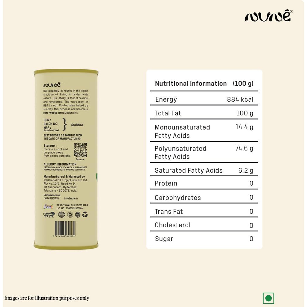 Nune Virgin Cold Pressed Safflower - 1 Litre with Pure & Certified Cooking Oil