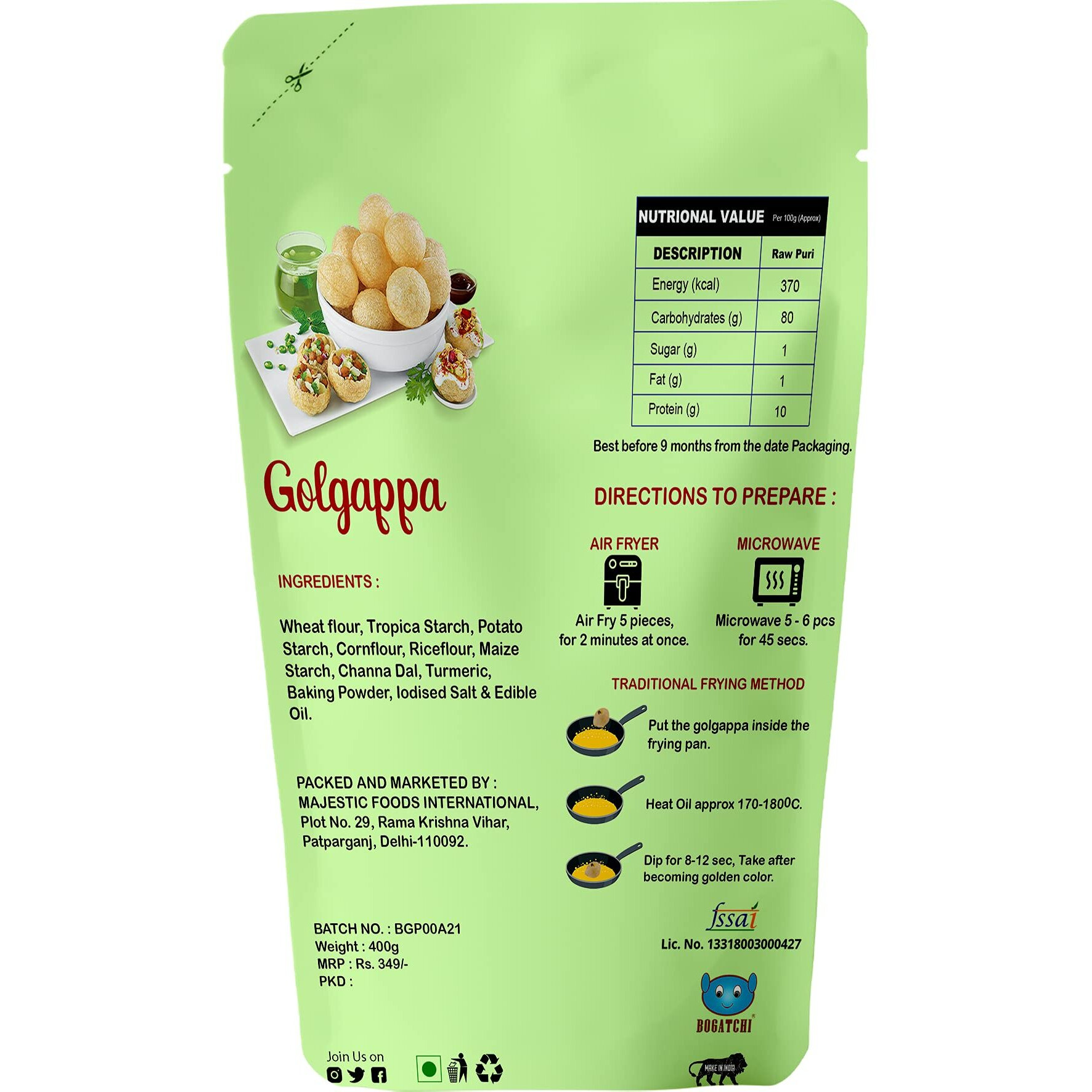 BOGATCHI Pani puri packet ready to eat - Fry or Bake in Microwave | instant pani puri pellets | Golgappe Packet Readymade | pani poori | Pani Puri Papad | Panipuri packets - Jumbo Pack, 400g