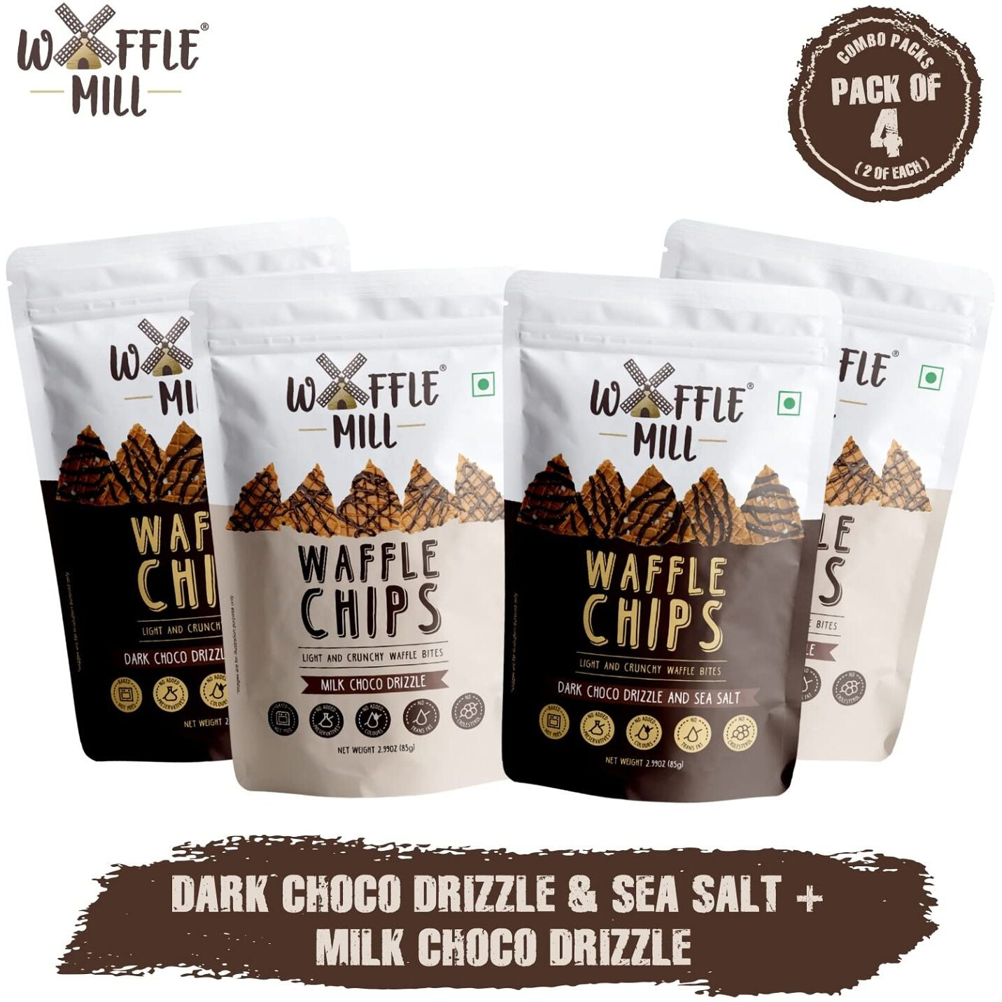 Waffle Mill - Waffle Chips - Combo Pack - Dark Choco Drizzle + Milk Choco Drizzle - Pack of 4 (2+2) - 340Gm