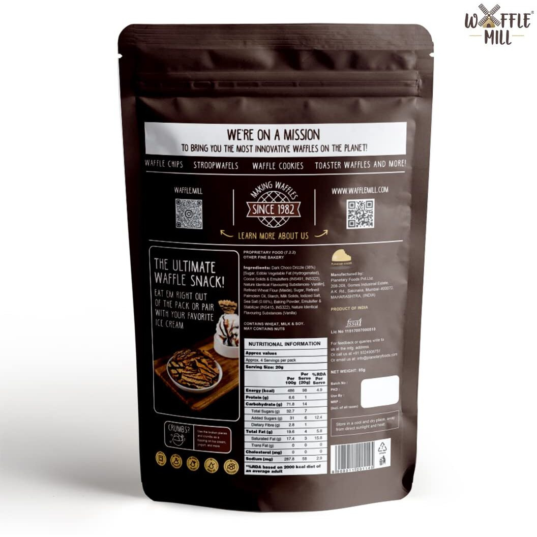 Waffle Mill - Waffle Chips - Combo Pack - Dark Choco Drizzle + Milk Choco Drizzle - Pack of 4 (2+2) - 340Gm