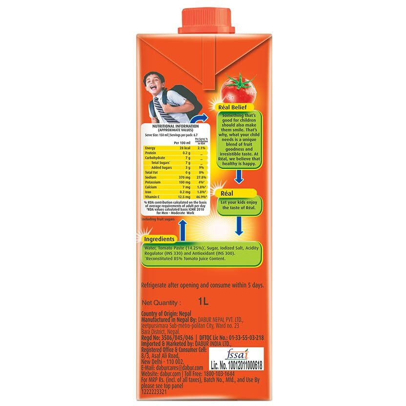 DABUR Real Tomato Fruit Juice 1L Rich In Vitamin C No Added Preservatives, No Artificial Colors & Flavours Goodness Of Best Fruits Daily Dose Of Fruit Nutrition Tasty, Refreshing & Energising Drink