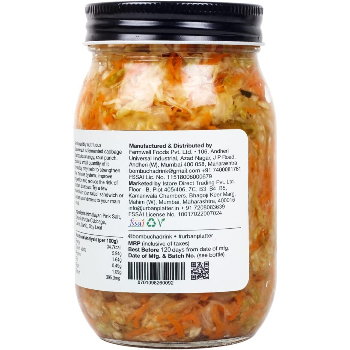 Urban Platter Sauerkraut Original Pickled Probiotic Cabbage with Carrot, 450g / 15.8oz [Raw, Organic | Powered by Bombucha]