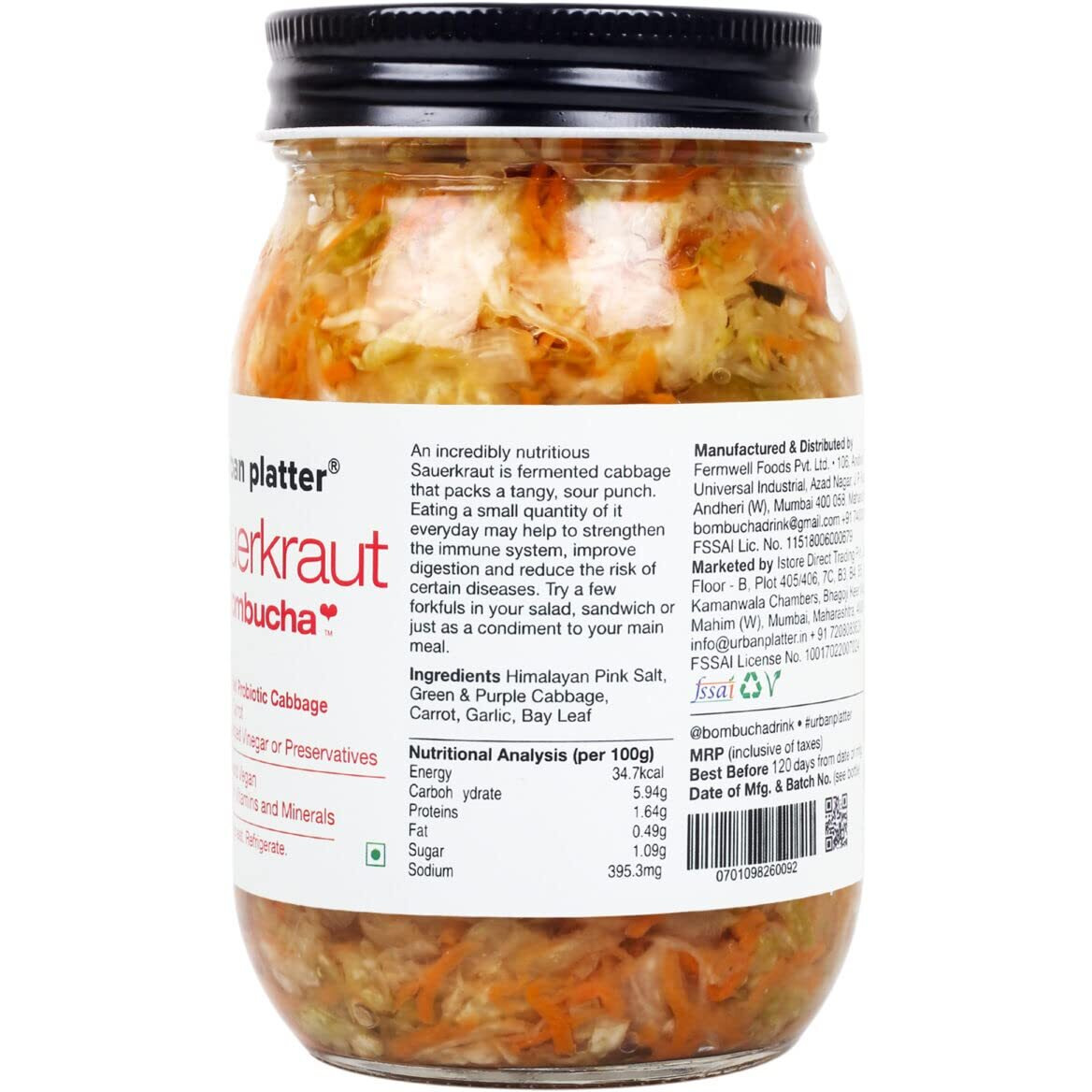 Urban Platter Sauerkraut Original Pickled Probiotic Cabbage with Carrot, 450g / 15.8oz [Raw, Organic | Powered by Bombucha]