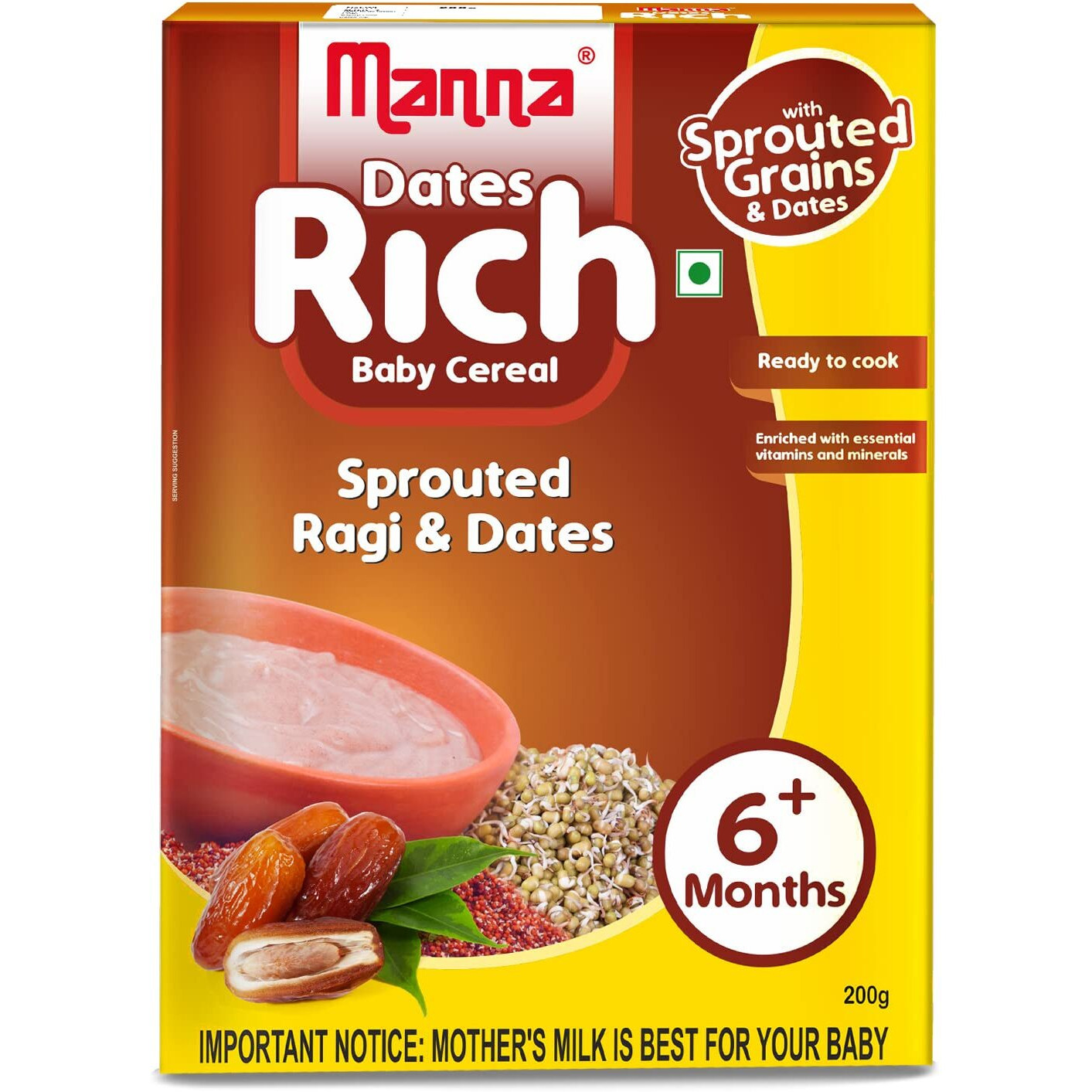Manna Baby Cereal,Baby Food (6+Months) Sprouted Ragi with Dates Powder, Zero Added Sugar, No Artificial Colours, No Artificial Flavours, 200g
