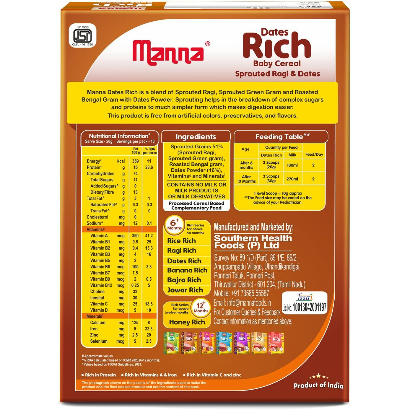 Manna Baby Cereal,Baby Food (6+Months) Sprouted Ragi with Dates Powder, Zero Added Sugar, No Artificial Colours, No Artificial Flavours, 200g