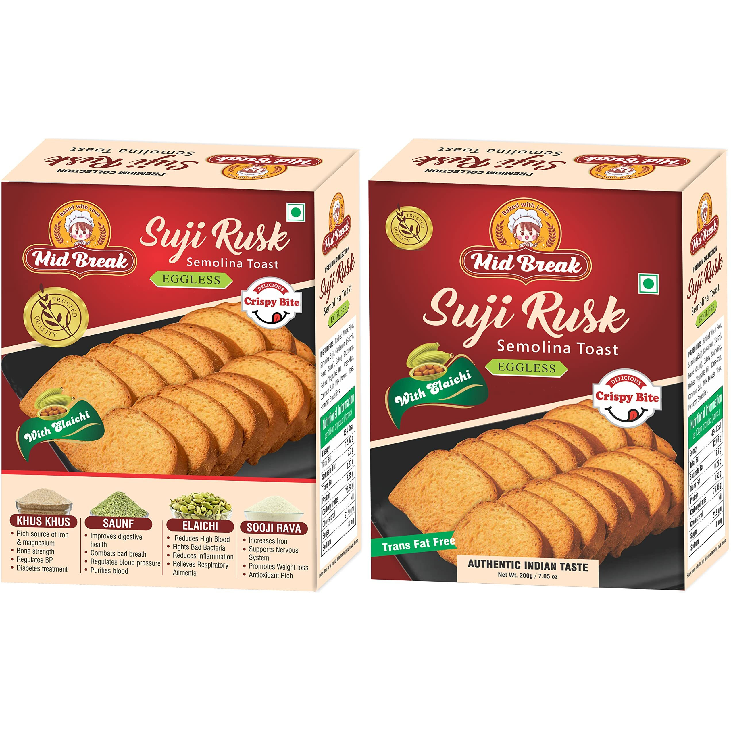 Mid Break Suji Rusks| Saunf Rusk | Elaichi Rusks | 3 In 1 Rusks | Premium Handmade Suji Rusks (Pack Of 2) - No Additives, Cardamom, Fennel, 400 G