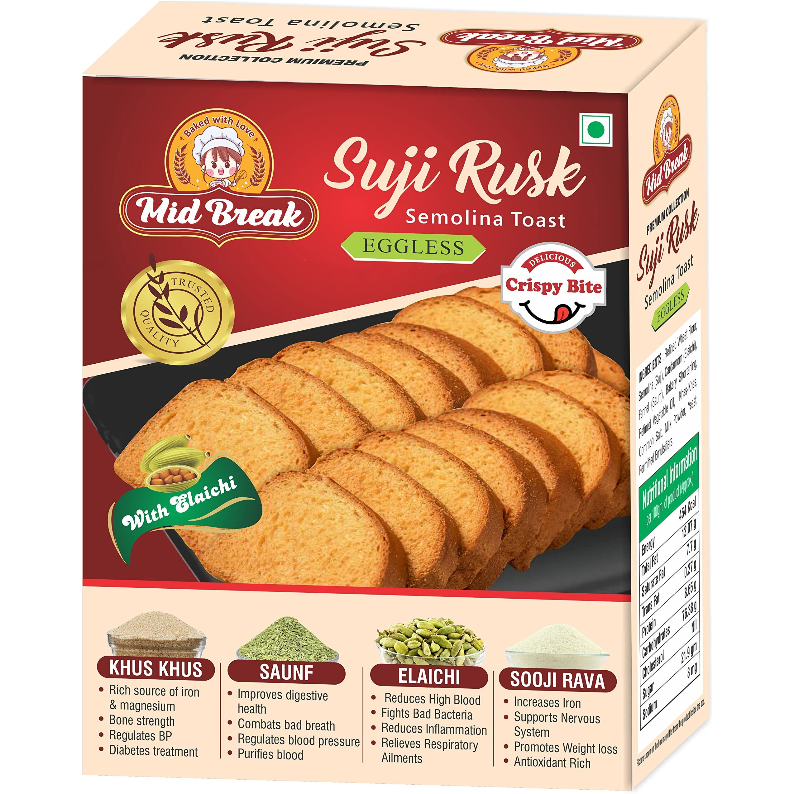 Mid Break Suji Rusks| Saunf Rusk | Elaichi Rusks | 3 In 1 Rusks | Premium Handmade Suji Rusks (Pack Of 2) - No Additives, Cardamom, Fennel, 400 G