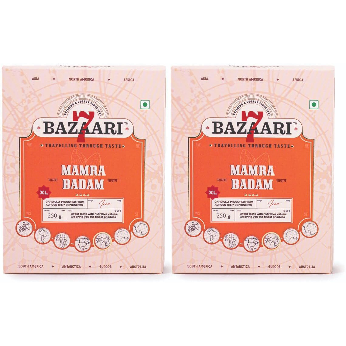 7 BAZAARI Premium Mamra Whole Almonds Xl 250G Extra Large & Crunchy Badam, Rich In Good High Protein Snack, Low Carb, High Fiber - Boosts Heart Health And Overall Wellness (Pack Of 2)