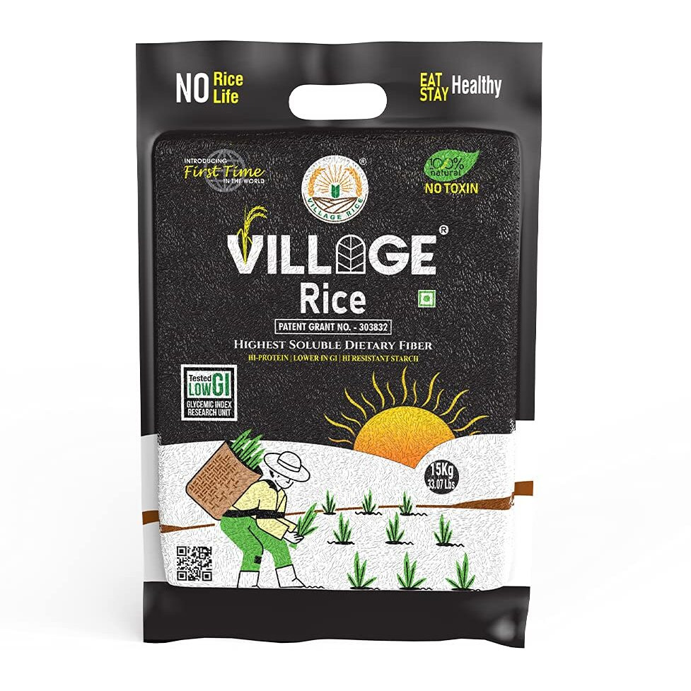 Village Rice Highest Soluble High Dietary Fiber Rice with High Protein, Low Glycemic Index (GI) - 15Kg, Pack of 1Kg X 15