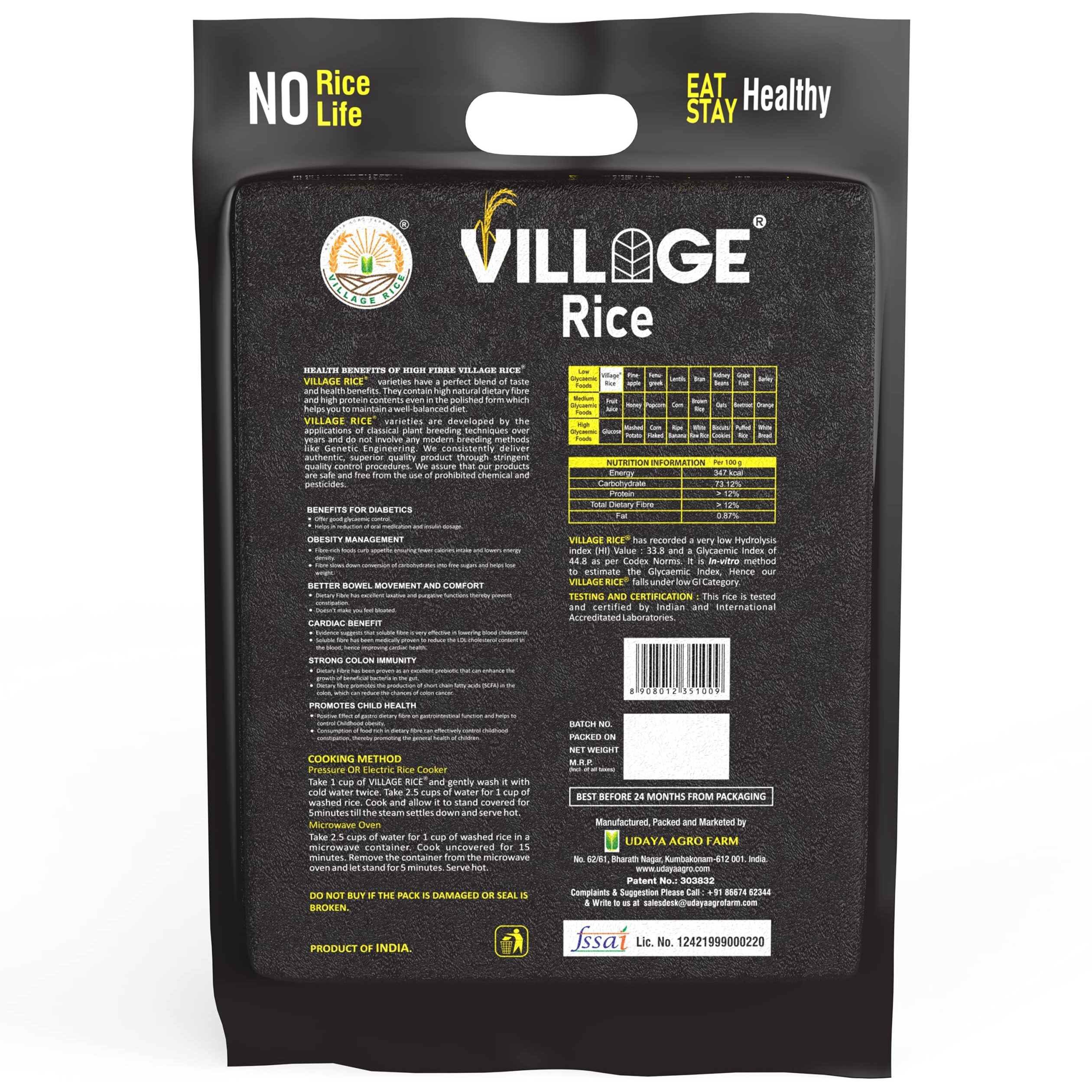 Village Rice Highest Soluble High Dietary Fiber Rice with High Protein, Low Glycemic Index (GI) - 15Kg, Pack of 1Kg X 15