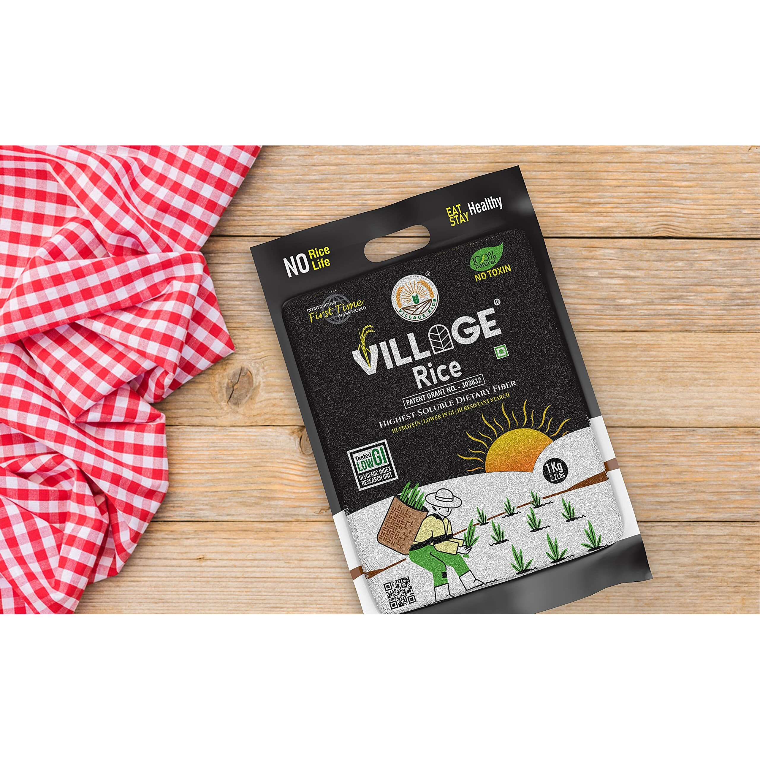 Village Rice Highest Soluble High Dietary Fiber Rice with High Protein, Low Glycemic Index (GI) - 15Kg, Pack of 1Kg X 15