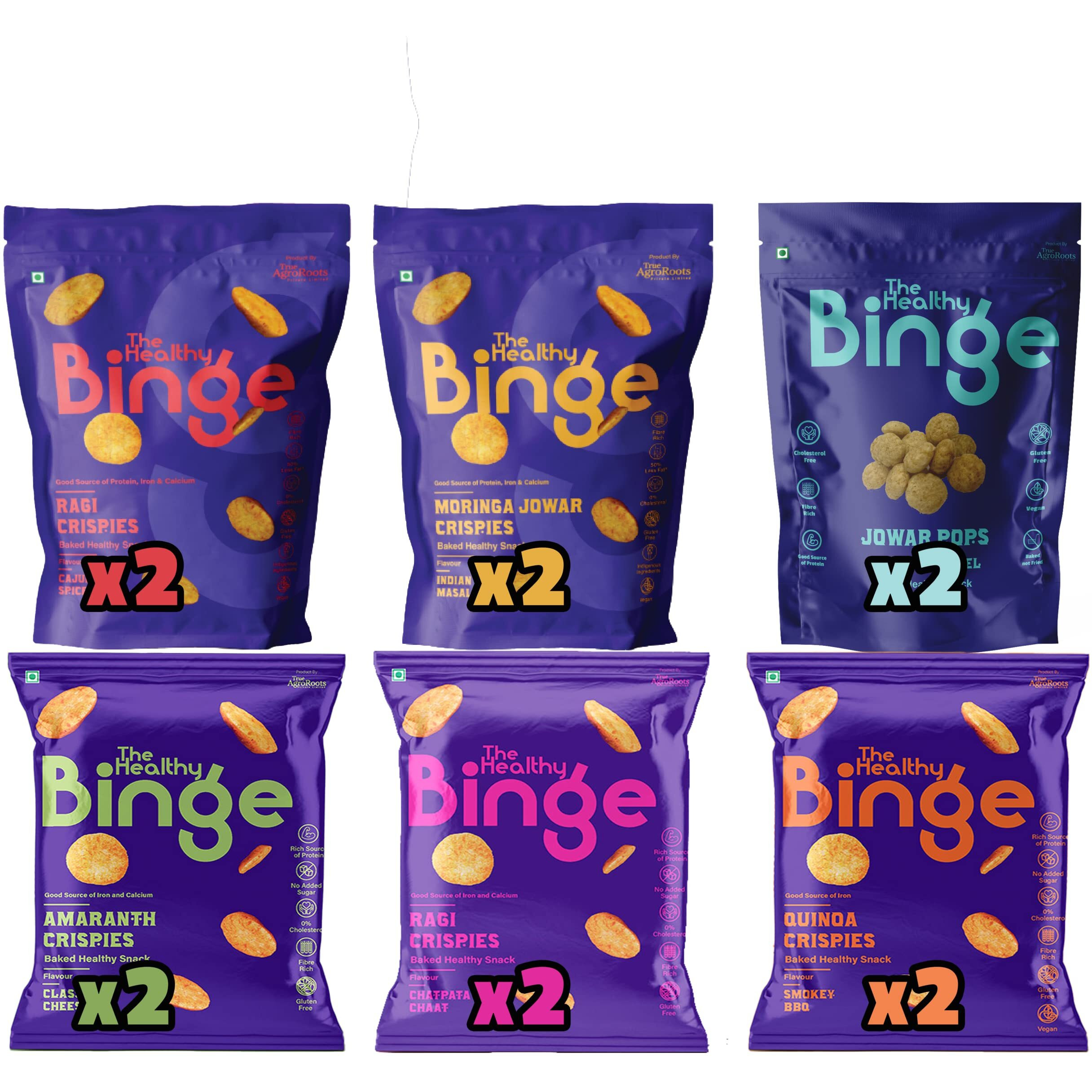 The Healthy Binge Assorted Baked Chips Snacks for Adults and Kids | Ragi, Jowar, Moringa, Amaranth & Quinoa Chips | Protein and Fiber Rich |Indian Masala, Cajun Spice, Cheese, BBQ, Chatpata Chaat, Salted Caramel | Pack of 12 (40 Gm X 12)
