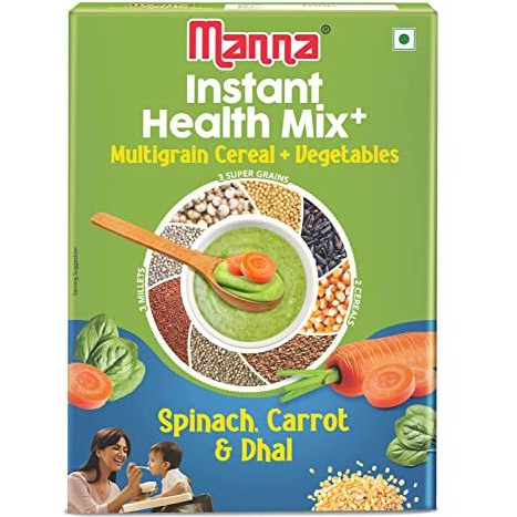 Manna Health Mix Instant Cereal, Spinach, Carrot, Dal with Milk, No Added Sugar, No Artificial Color, Flavors 200g (Pack of 1)