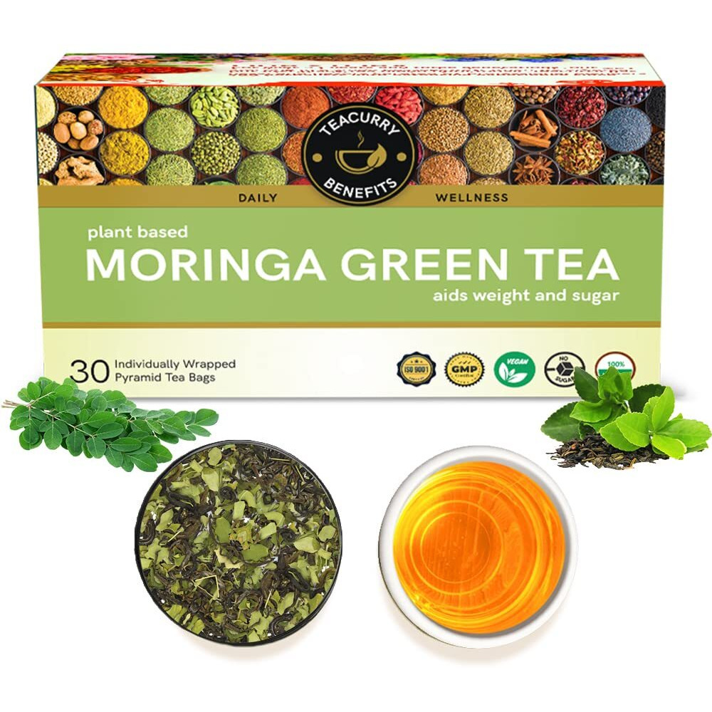 TEACURRY Moringa Green Tea - 30 Tea Bags | Helps With Cholesterol, Blood Pressure | Moringa Green Tea For Weight Loss Management | 100% Natural, 100 Gm