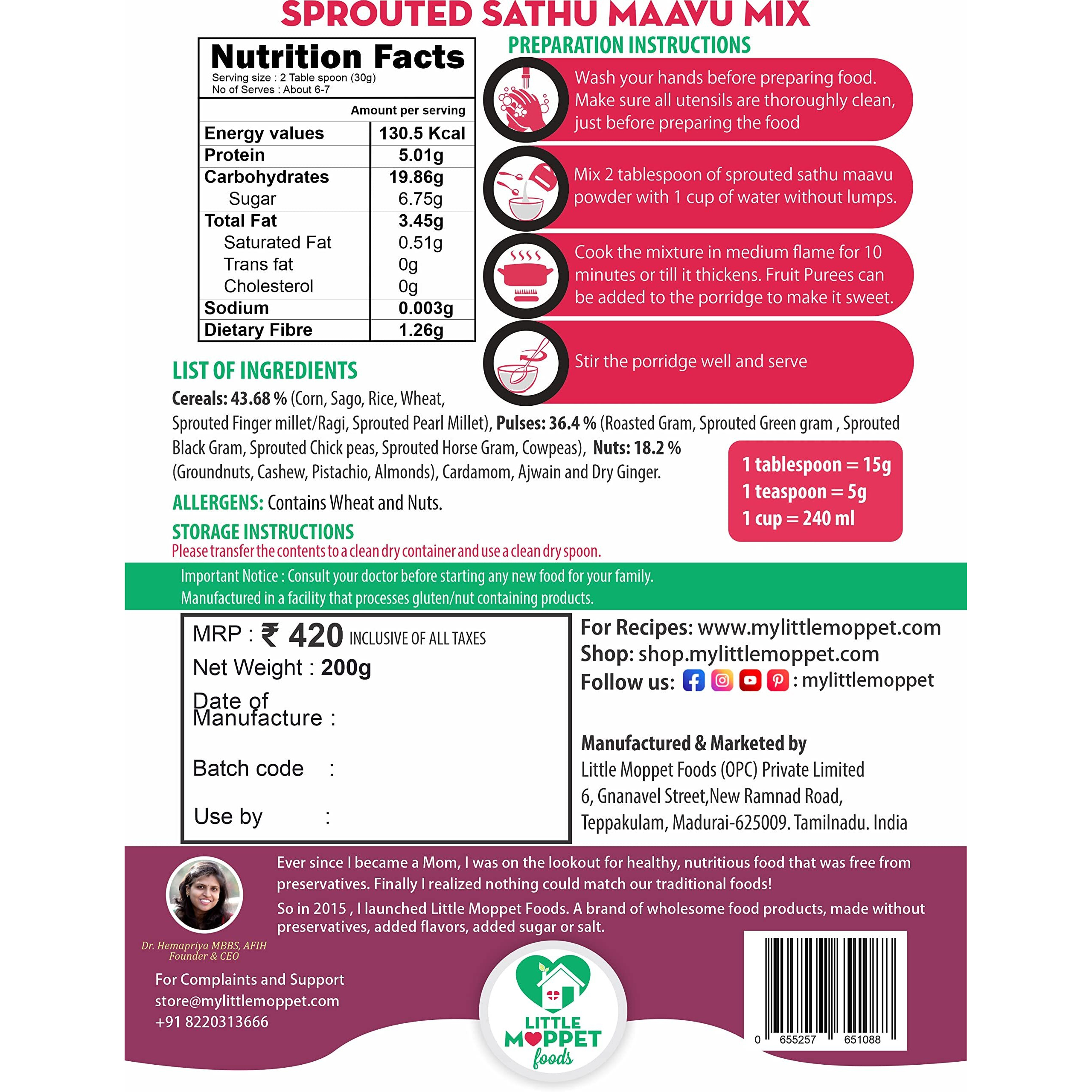 Little Moppet Foods Sprouted Sathumaavu Mix - 200g (200 Gram- Pack of 1) | No Additives and Preservatives | Free from Added Salt and Sugar | Made with 19 Ingredients (6 Sprouted Ingredients) |