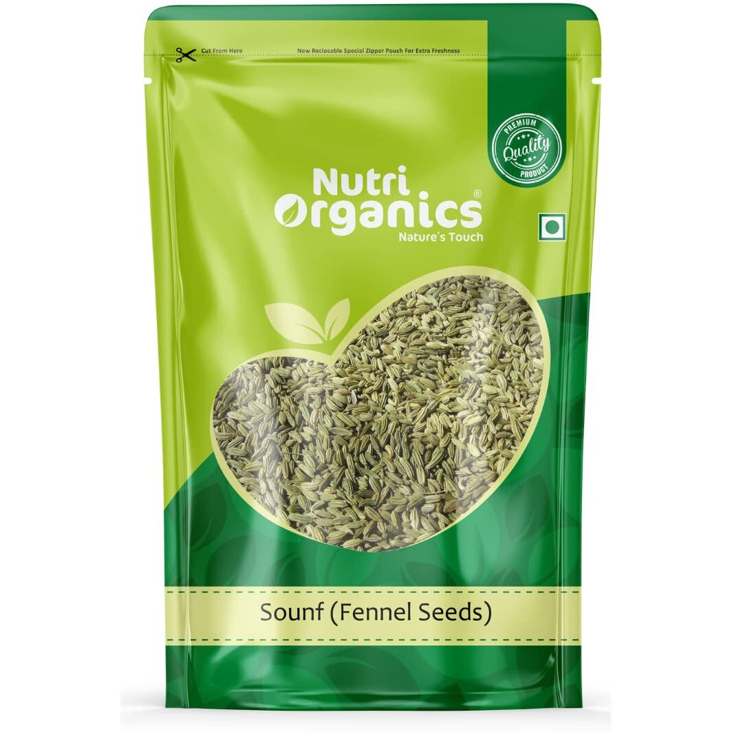 Nutri Organics Whole Natural Fennel Seeds Saunf Indian Traditional Masale - Resealable Ziplock Pouch (1kg)