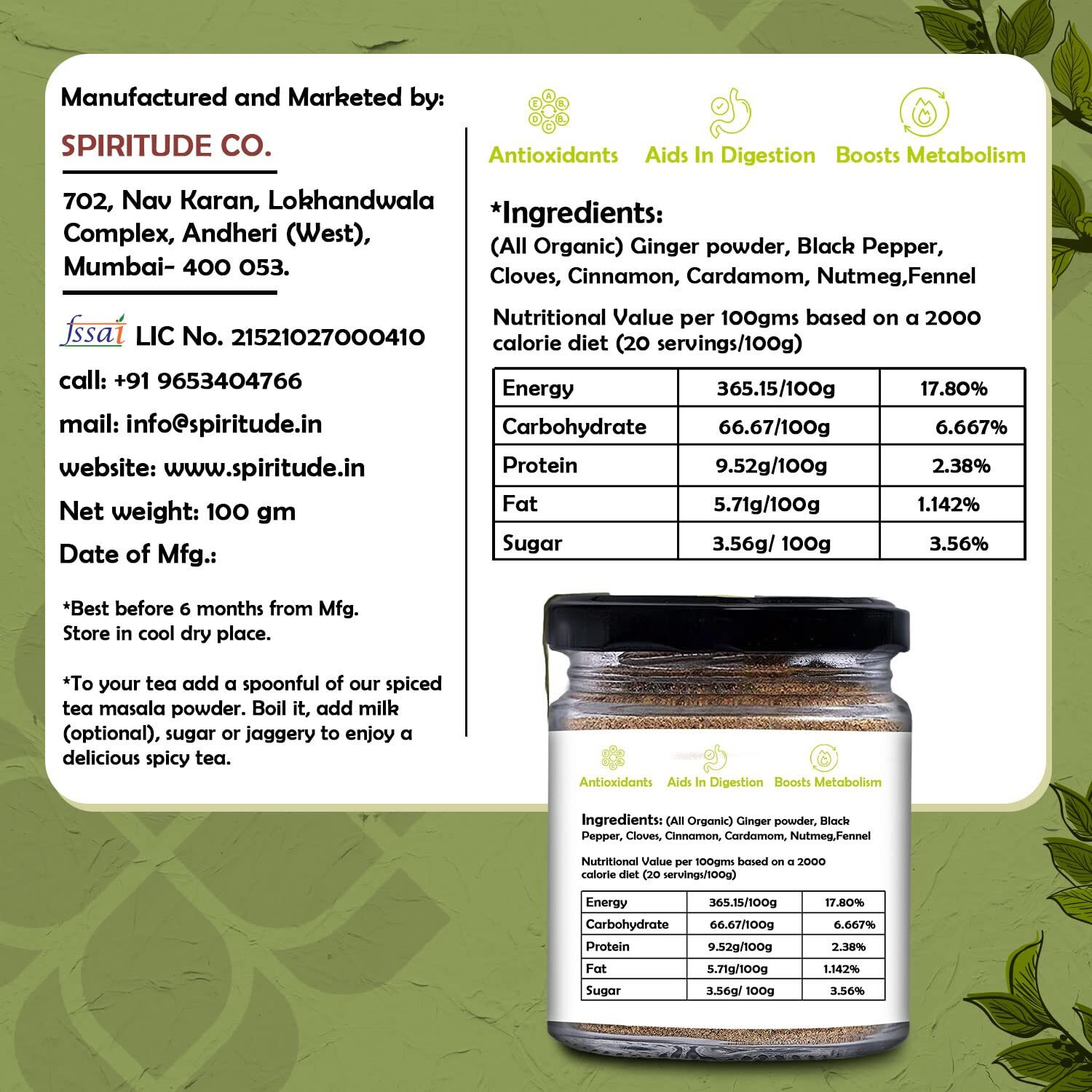Spiritude Tea Masala Powder 100Gm 200 Cups Chai Masala Powder Kadak Chai With 7 Aromatic Spices 100% Organic Ingredients, Invigorating, Refreshing, Immunity Booster With No Preservative, Black Pepper