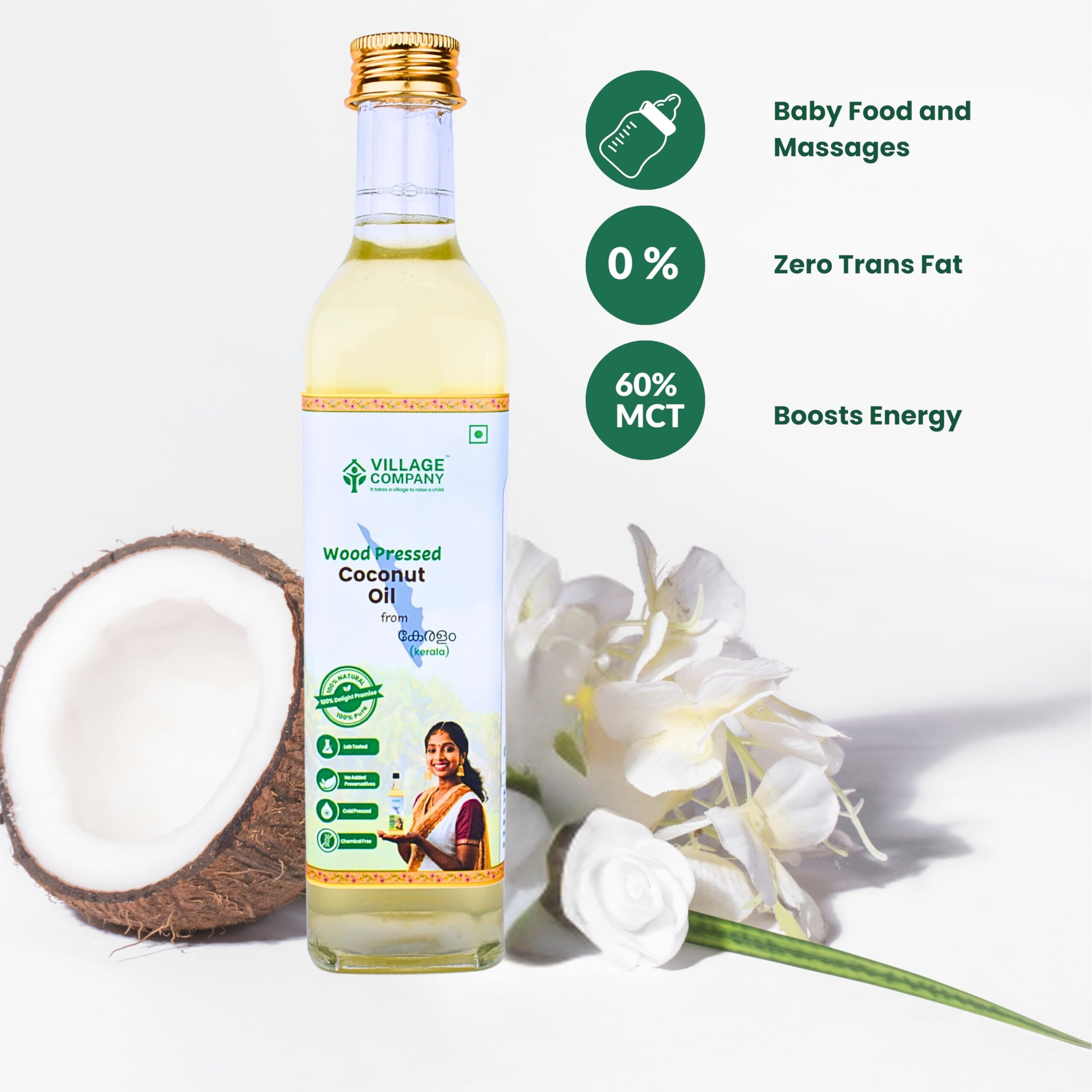 Village Company Extra Virgin Cold Pressed Coconut Oil 500 ML | Hair, Skin, Cooking and Baby Massage | Organic Pure Edible Natural | Wood Press Kolhu Kacchi Ghani Chekku | Chemical-Free | Glass Bottle