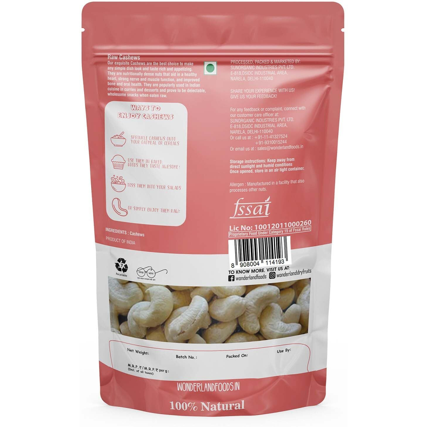 WONDERLAND FOODS Whole Raw Cashew (Kaju) W320-Grade 400g Pouch