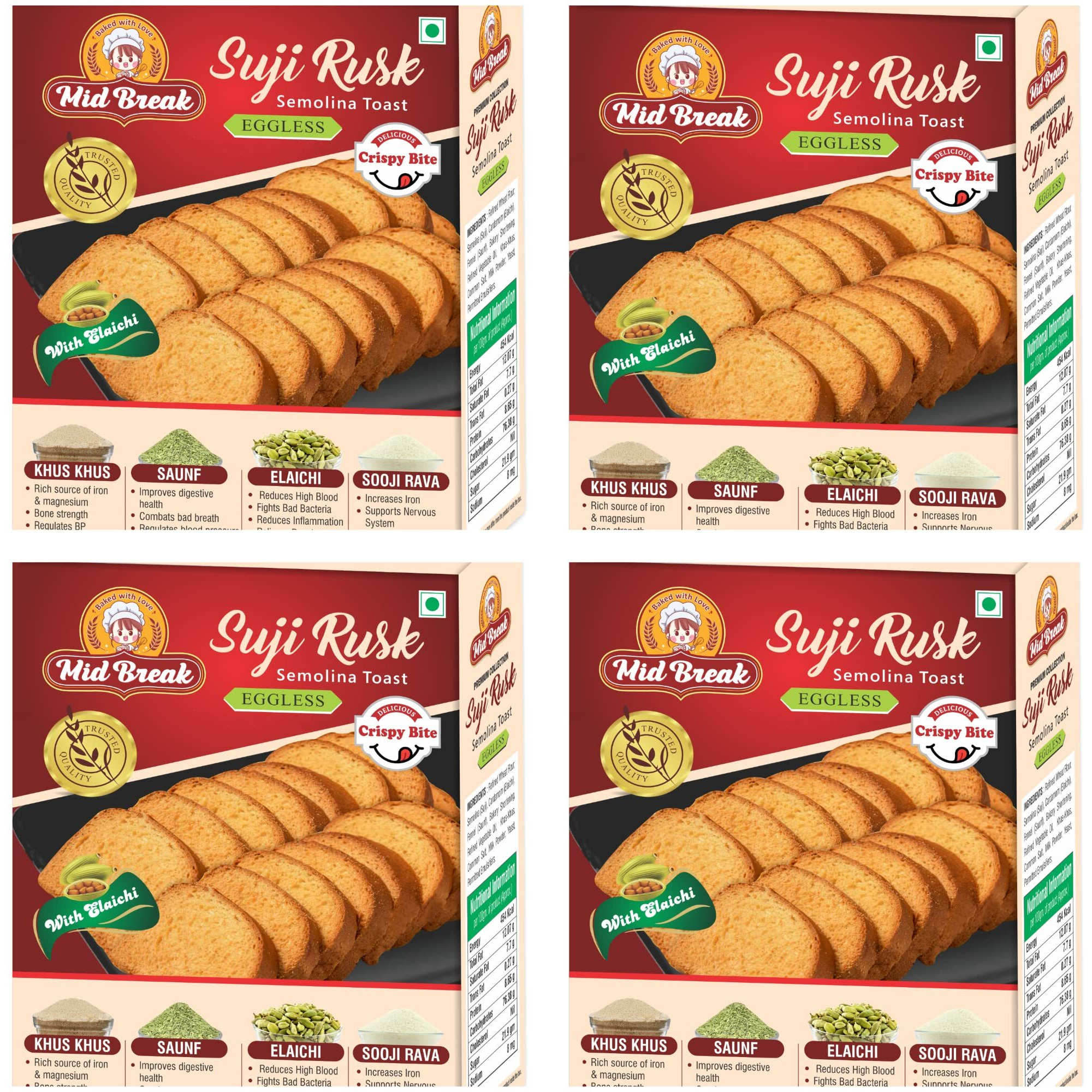 MidBreak - Suji Rusks| Saunf Rusk | Elaichi Rusks | 3 in 1 Rusks | Premium Handmade Suji Rusks (Pack of 4)