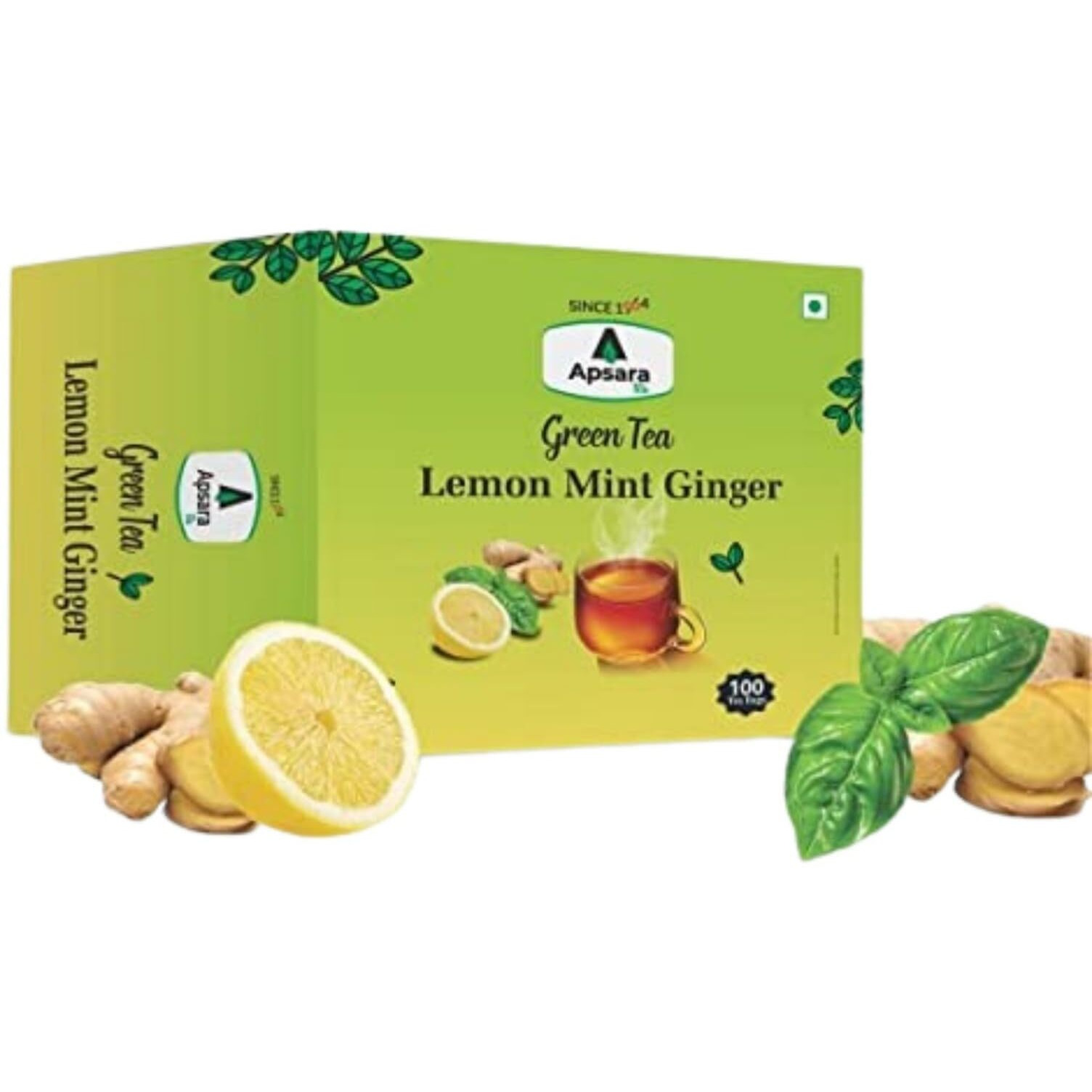 APSARA Lemon Mint Ginger Green Tea | Herbal Tea For Immunity Boosting, All Natural Flavour, Zero Calories - Improves Metabolism & Reduces Waist 100 Tea Bags, 250 gram