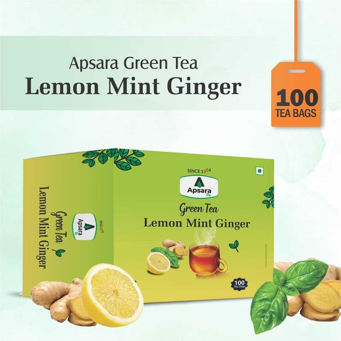 APSARA Lemon Mint Ginger Green Tea | Herbal Tea For Immunity Boosting, All Natural Flavour, Zero Calories - Improves Metabolism & Reduces Waist 100 Tea Bags, 250 gram