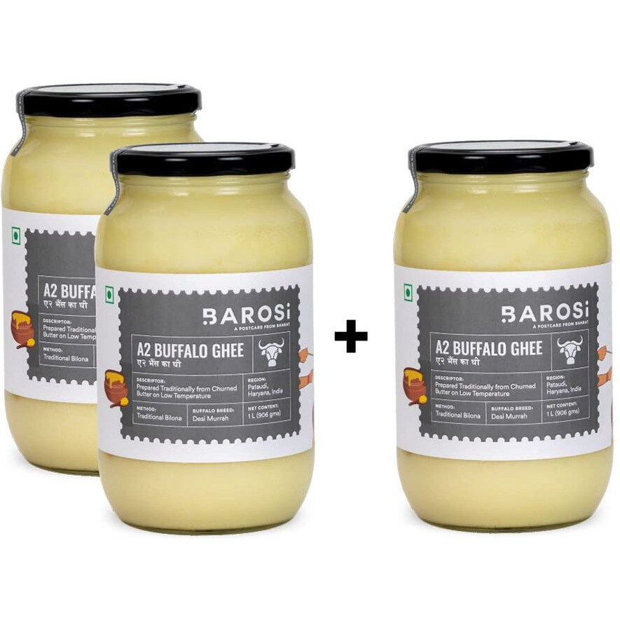 Barosi Premium Buffalo Ghee 3 Litre | Value Saver Family Pack | Vedic Bilona Method | Churned from Curd | Pure & Natural | Farm Made in Small Batches | Glass Jar Packing