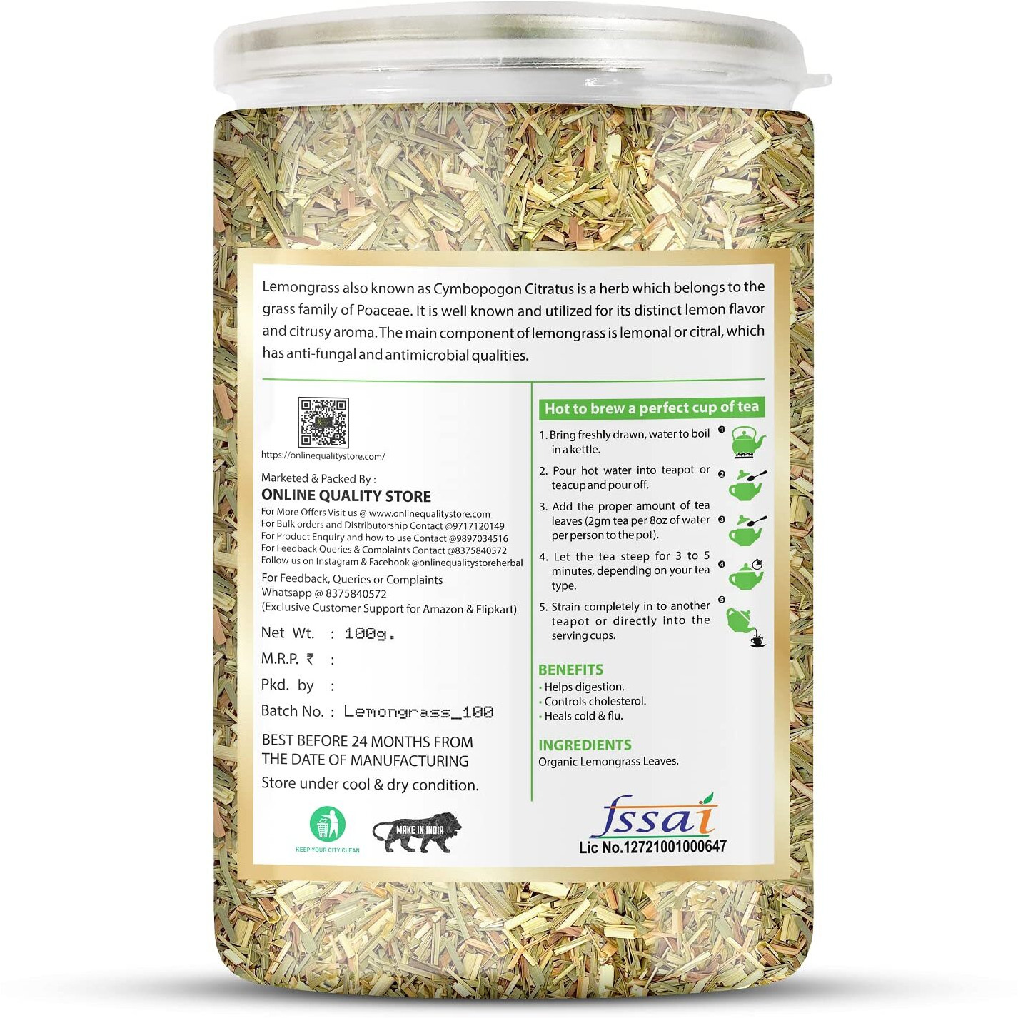 Online Quality Store Organic Lemongrass Herbal Tea - 100g | Lemongrass Tea Leaves |Herbal Green Tea Lemon Grass Herbal Tea Mason Jar (100 g)