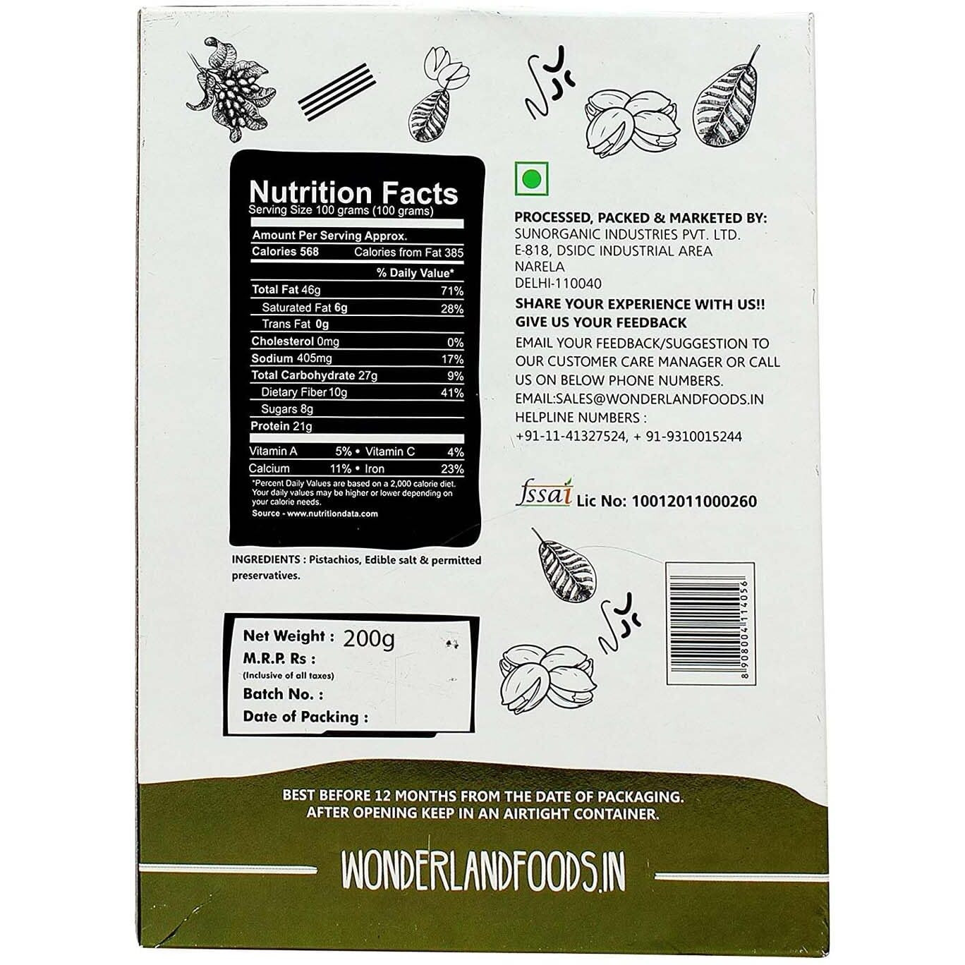 WONDERLAND FOODS Roasted and Salted Pistachios Jumbo Size, 400 g Box (Pack of 2, 200 g Each)